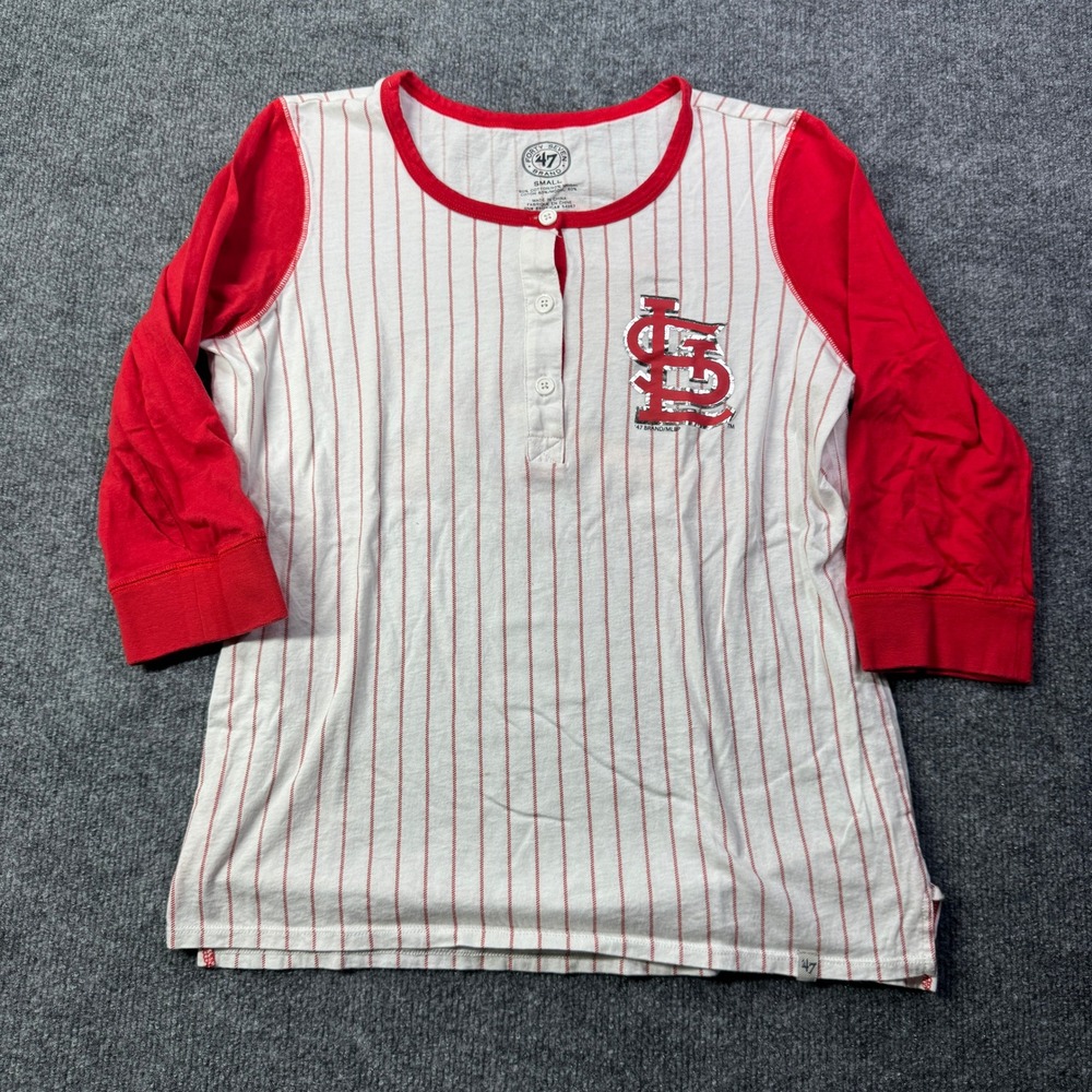 St Louis Cardinals 47 Brand Henley Shirt Womens S White Red Pinstripe MLB